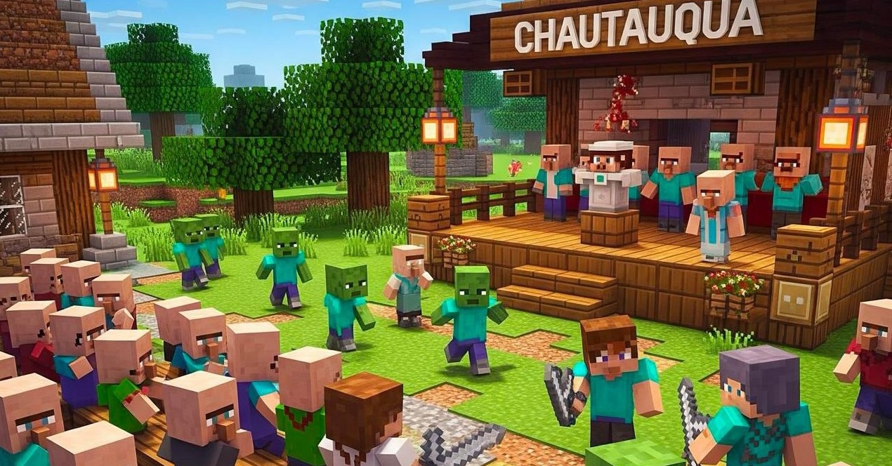 Il mondo a blocchi di Chautauqua: un villaggio Minecraft con l'insegna Chautauqua, personaggi e creature