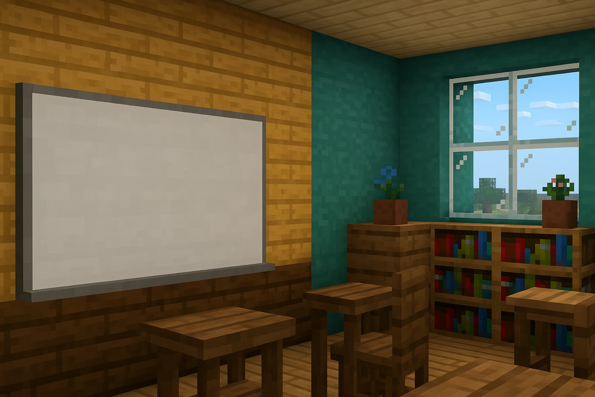 Aula di Chautauqua ricostruita in Minecraft, con lavagna, banchi e libreria